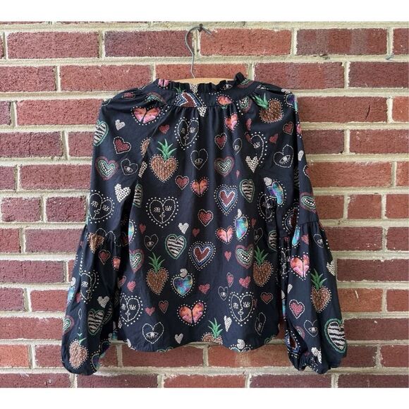 Farm Rio for Anthropologie Black Heart Print Blouse – XS – 100% Cotton EUC - Picture 7 of 10